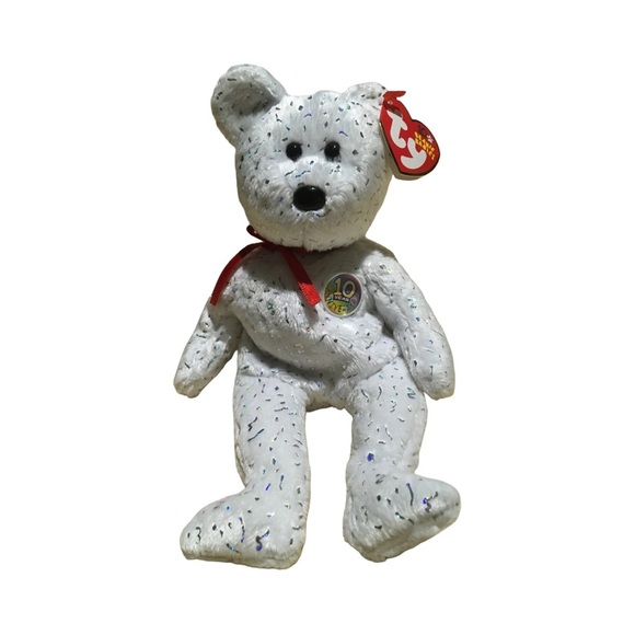 Retired Ty Beanie Baby Decade Sparkly White Anniversary Bear - Picture 7 of 12